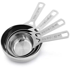 Le Creuset measuring cup set:  ¼, ⅓, ½, and 1 cup. Stainless steel